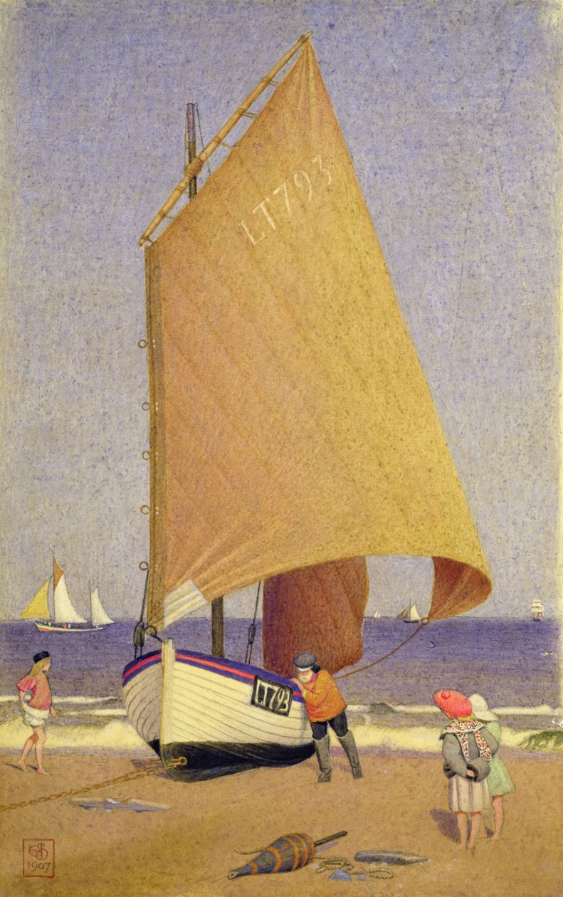 Fiskere, der henter båden, Southwold af Joseph Edward Southall