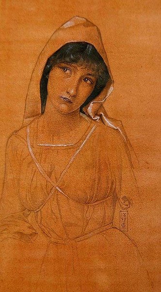 Pige iført en kappe (blyant og akvarel på papir) af Joseph Edward Southall