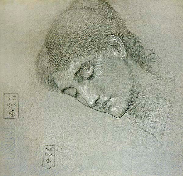 Hovedstudie af en pige, der kigger ned af Joseph Edward Southall