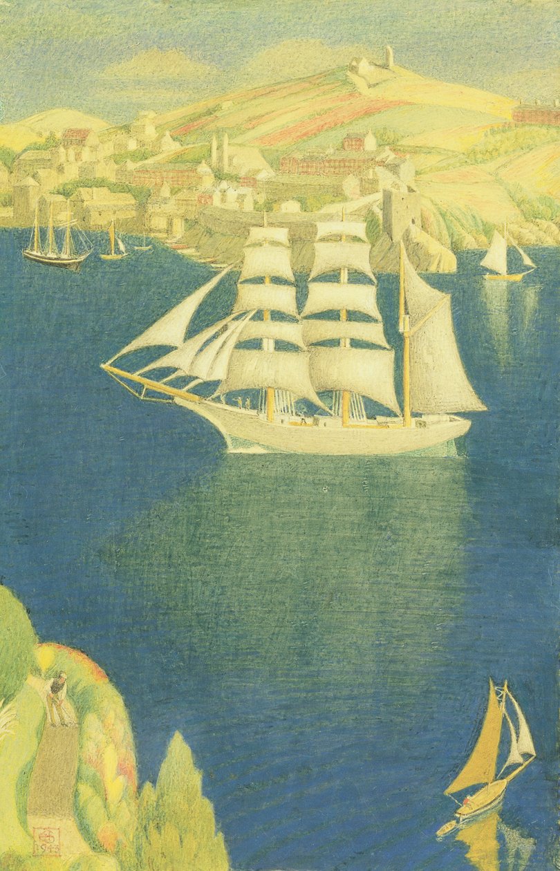 The White Barque at Fowey, 1943 (tempera ombord) af Joseph Edward Southall