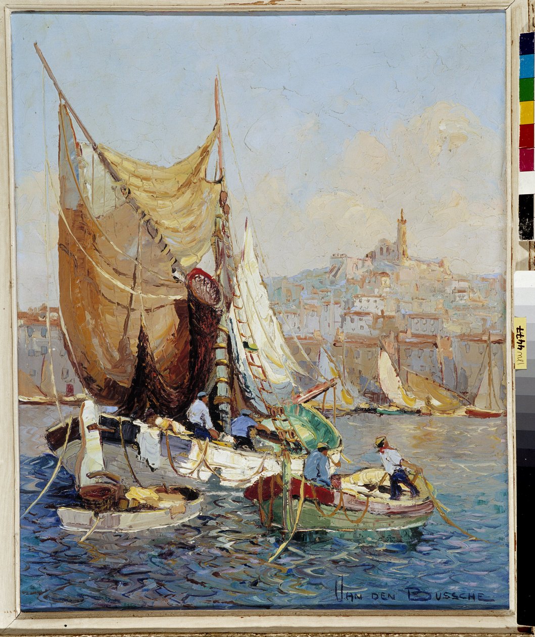 Fiskere i den gamle havn i Marseille Maleri af Fernand Van Den Bussche (1892-1975) 20. århundrede Obligatorisk omtale: Samlingsstiftelsen vedrørende de Provence, Marseille af Joseph Emanuel Van Den Bussche