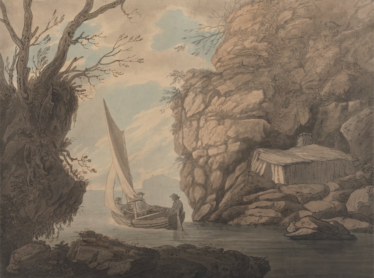 En sejlerjolle med tre mænd, der forlader en stenet fjord af Joseph Farington