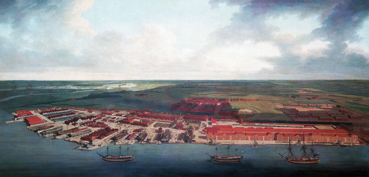 Chatham skibsværft (England), takket være sin geografiske placering var Chatham den vigtigste havn for den britiske Royal Navy i det 17. århundrede, og i det 18. århundrede blev det et vigtigt reparations- og vedligeholdelsescenter. af Joseph Farington