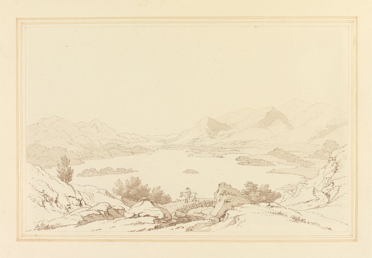 Generel udsigt over Lake of Derwent Water (pen og blæk med wc over grafit på vævet papir) af Joseph Farington