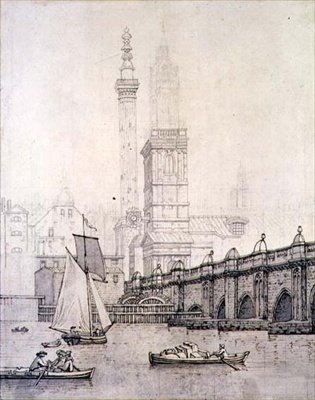 Old London Bridge og monumentet af Joseph Farington