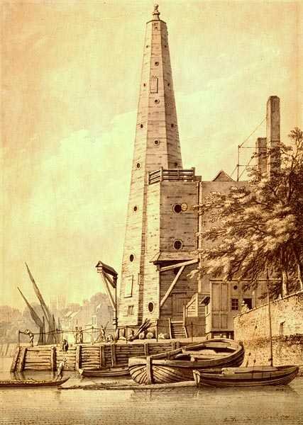 The Old Water Tower at York Buildings, Whitehall, 20. maj 1791 (blæk og vask) af Joseph Farington