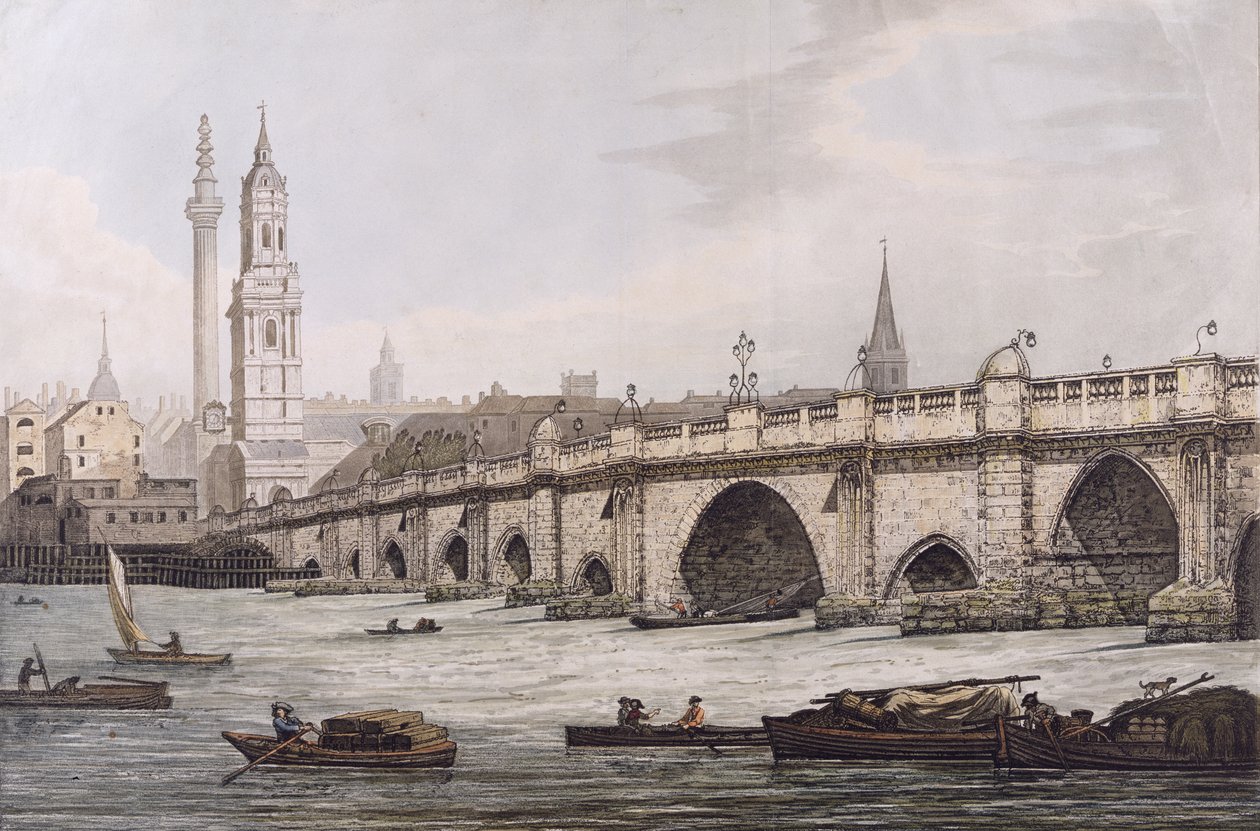 Udsigt over London Bridge, inklusive Church of St. Magus og The Monument, indgraveret af J.C. Stadler af Joseph Farington