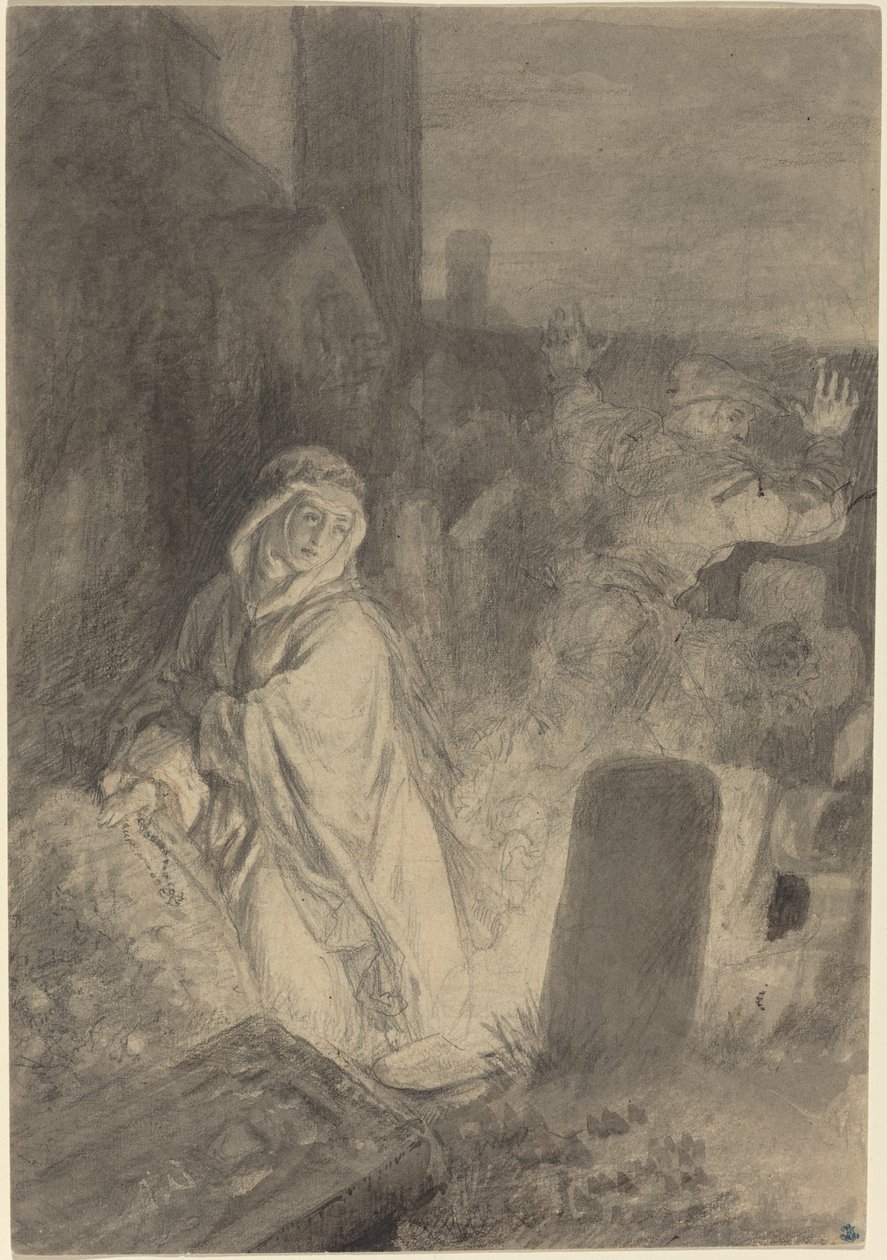 En mand, der flygter fra en nonne, der beder på en kirkegård af Joseph Fay
