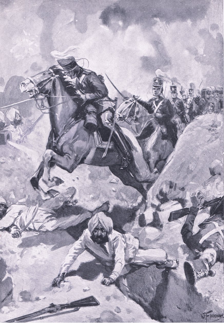 Sobraon: Sir Joseph Thackwell leder 3rd Light Dragoons i enkelt fil gennem nogle sikh-jordværker, illustration fra British Battles on Land and Sea, 1915 af Joseph Finnemore
