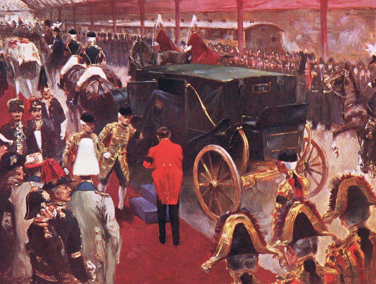 Hendes Majestæt Dronning Alexandras ankomst til Paddington Station i anledning af hendes afdøde Majestæt Dronning Victorias begravelse den 2. februar 1901, illustration fra Cassells History of England, 1900-tallet af Joseph Finnemore