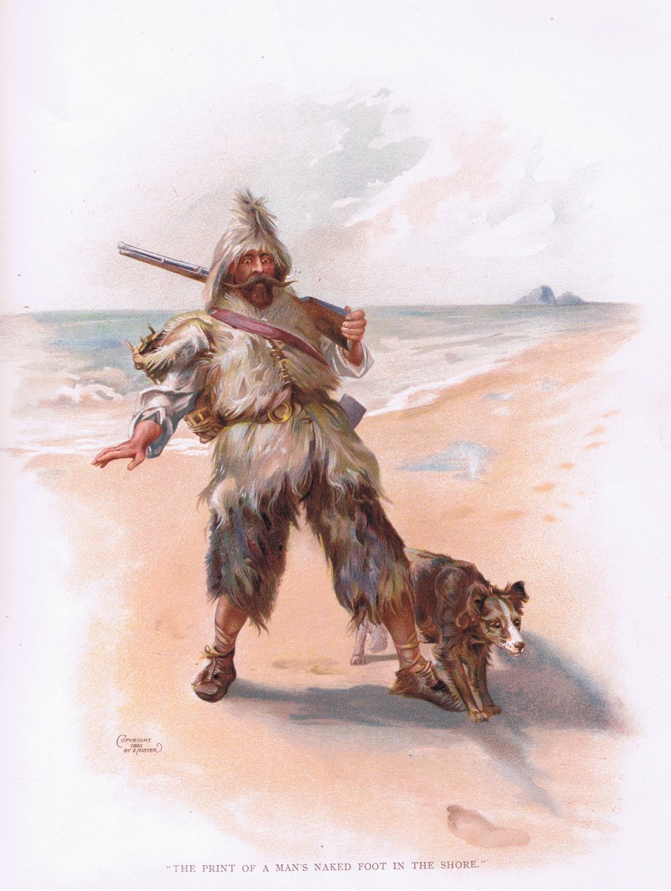 Aftrykket af en mands fod i sandet (farve litho) af Joseph Finnemore