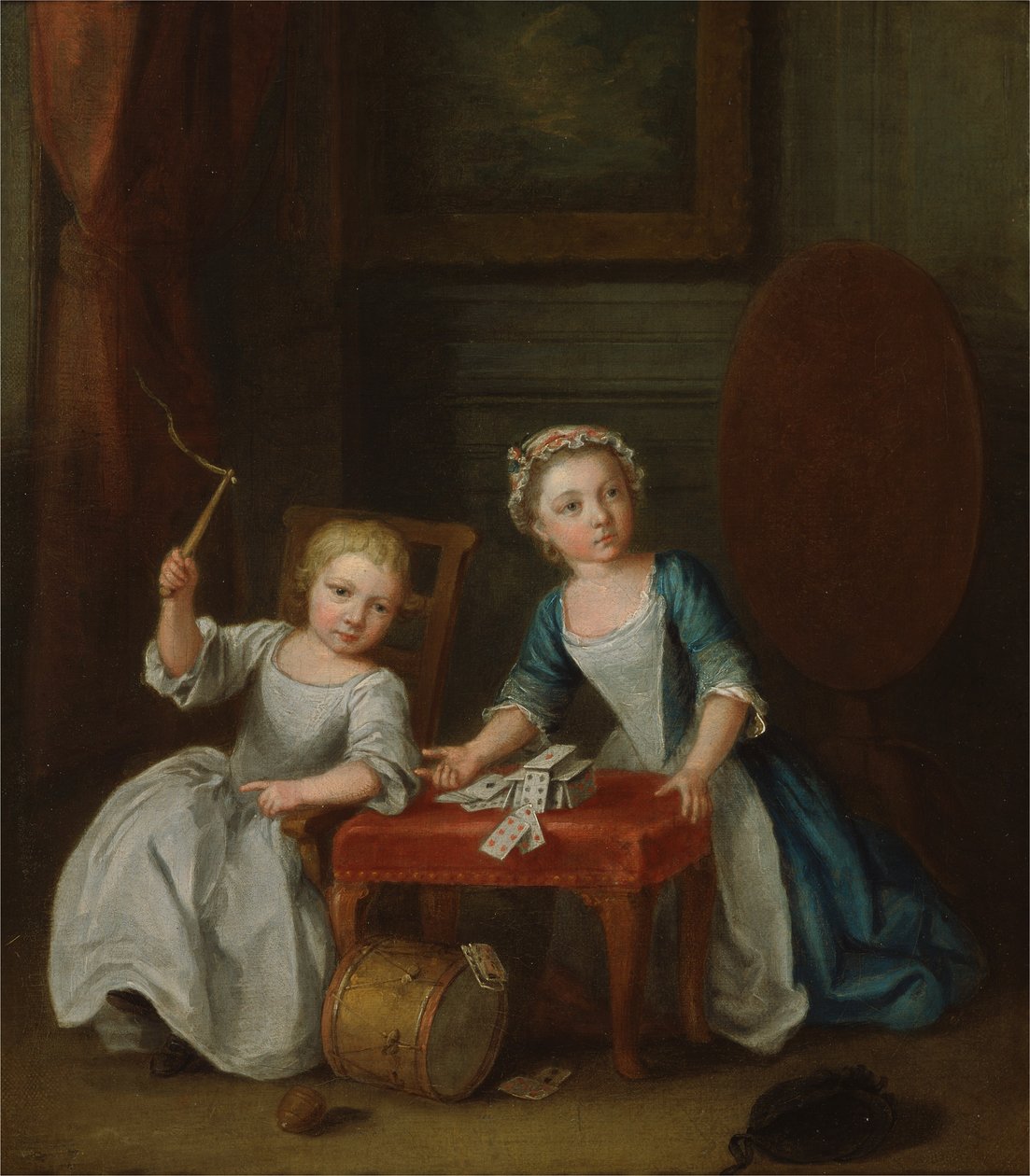 To børn af familien Nollekens, sandsynligvis Jacobus og Maria Sophia, leger med en top og spiller kort, 1745 af Joseph Francis Nollekens