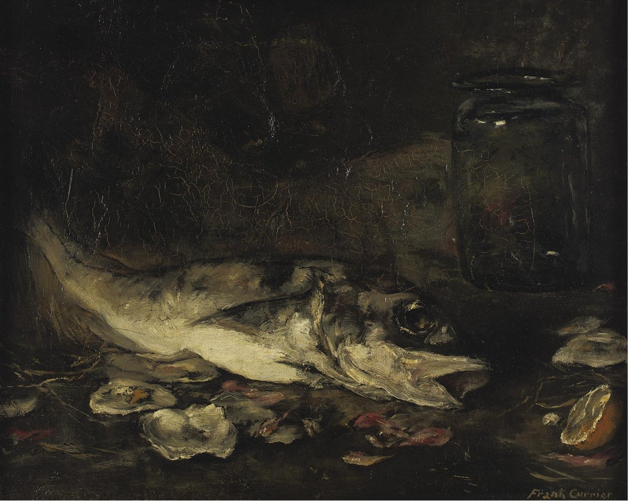 Stilleben med fisk og appelsiner af Joseph Frank Currier