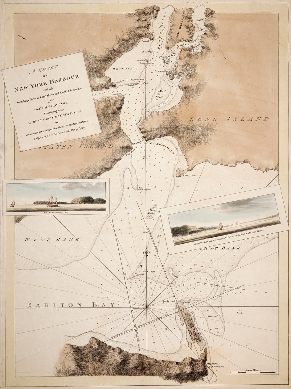 Et kort over New Yorks havn med pejlinger, landmærker og nautiske anvisninger til brug for lodsning. Sammensat ud fra opmålinger og observationer foretaget af løjtnanterne John Knight John Hunter fra flåden og andre. af Joseph Frederick Wallet DesBarres