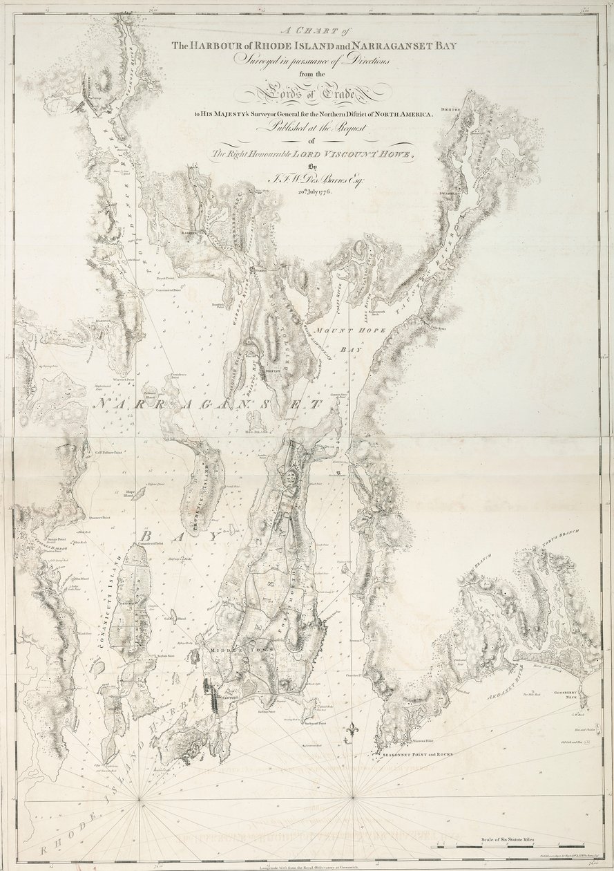 Et kort over havnen i Rhode Island og Narraganset Bay af Joseph Frederick Wallet DesBarres