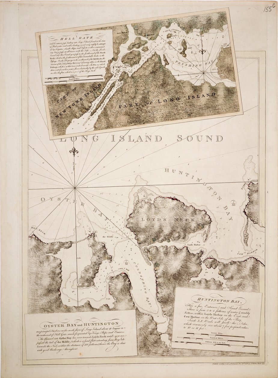 Kort over Oyster Bay og Huntington Bay, Long Island Sound af Joseph Frederick Wallet DesBarres