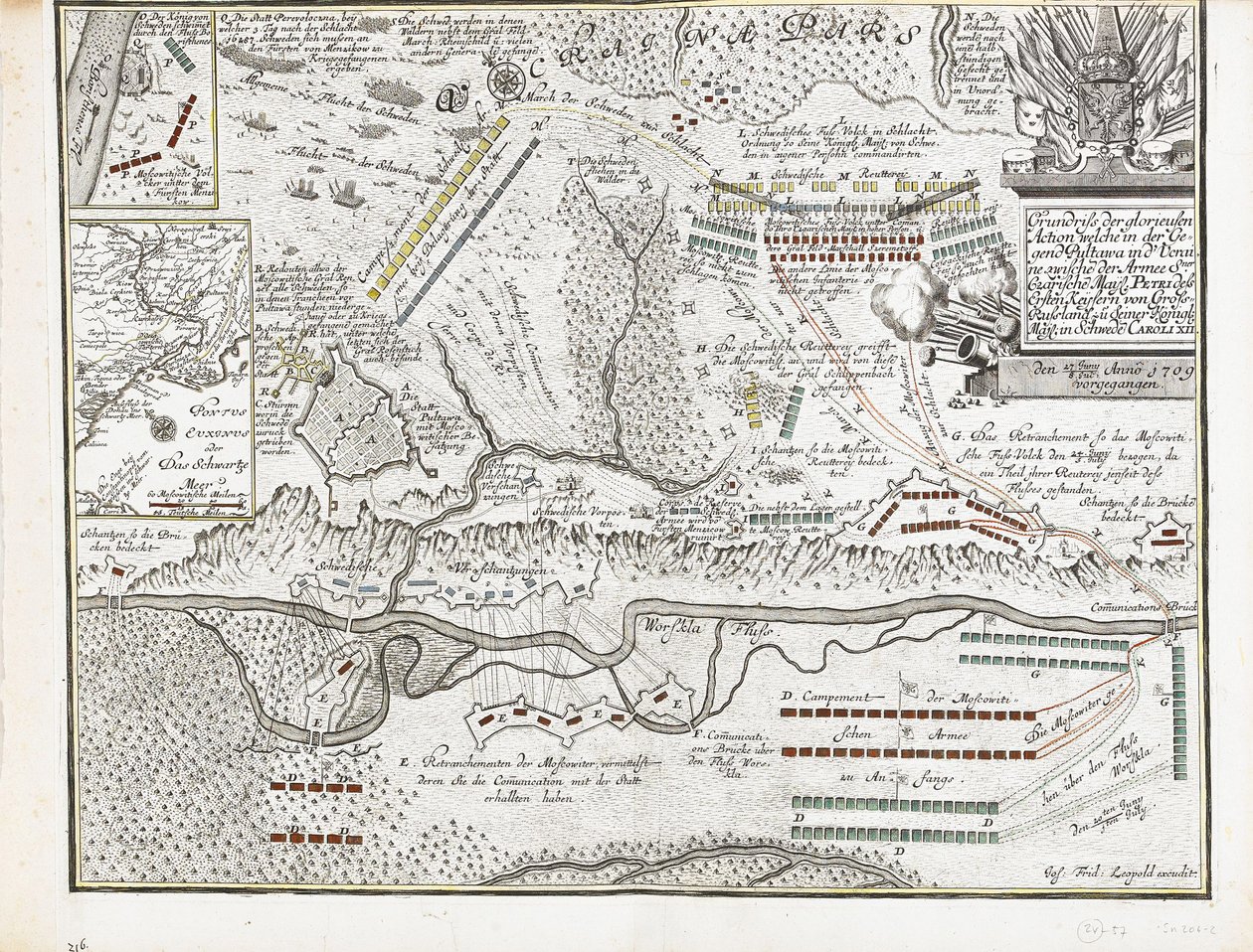 Kort over slaget ved Poltava den 27. juni 1709 af Joseph Friedrich Leopold