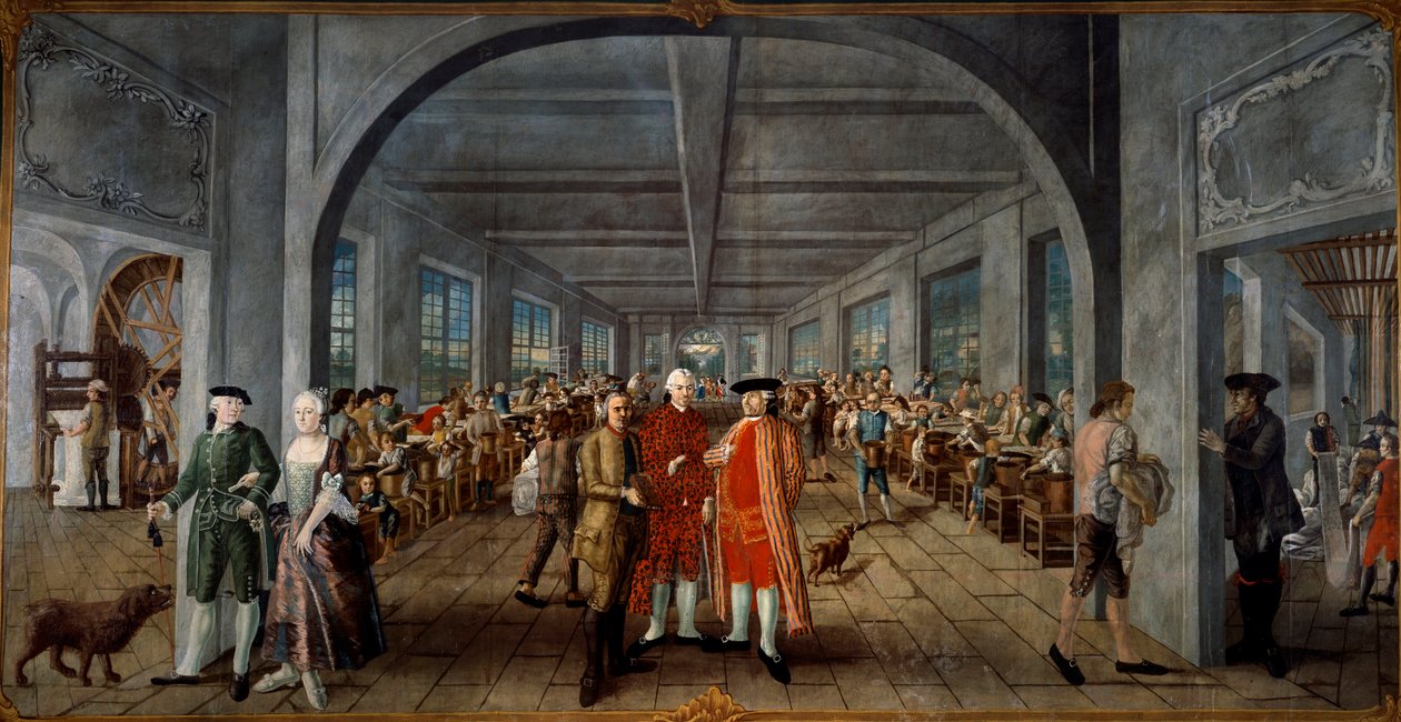 Wetter Brothers Indian Fabric Factory Til venstre, hr. og fru Jean Rodolphe (Jean-Rodolphe) Wetter rigt vetus. I centret præsenterer en arbejder en trykplade til fabrikschefen, Pierre Pignet, bag dem arbejderne på arbejde. Til højre et stykke af Joseph Gabriel Rossetti