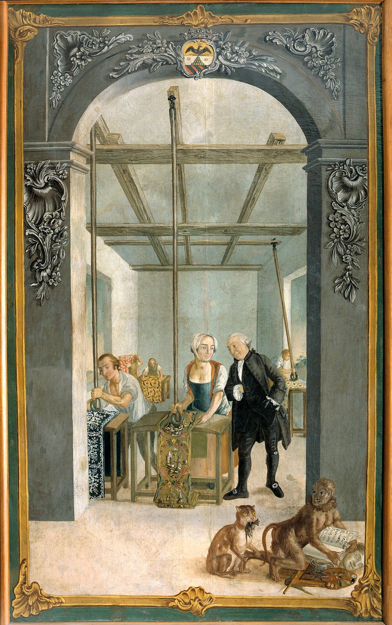 Wetter Brothers Indian Fabric Factory: Arbejdere passerer gennem gitteret af trykte lærreder Maleri af Joseph Gabriel Rossetti (1700-tallet). 1764 Orange, Musee Municipal af Joseph Gabriel Rossetti