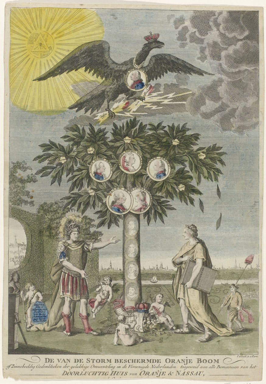 Allegori om inddrivelsen af ​​stadholder William V (kopi), 1787 Appelsintræet eller det symbolske mindesmærke for den lykkelige revolution i Det Forenede Holland, beskyttet mod stormen, dedikeret til alle elskere af det fredfyldte House of Orange & N af Joseph Gleich