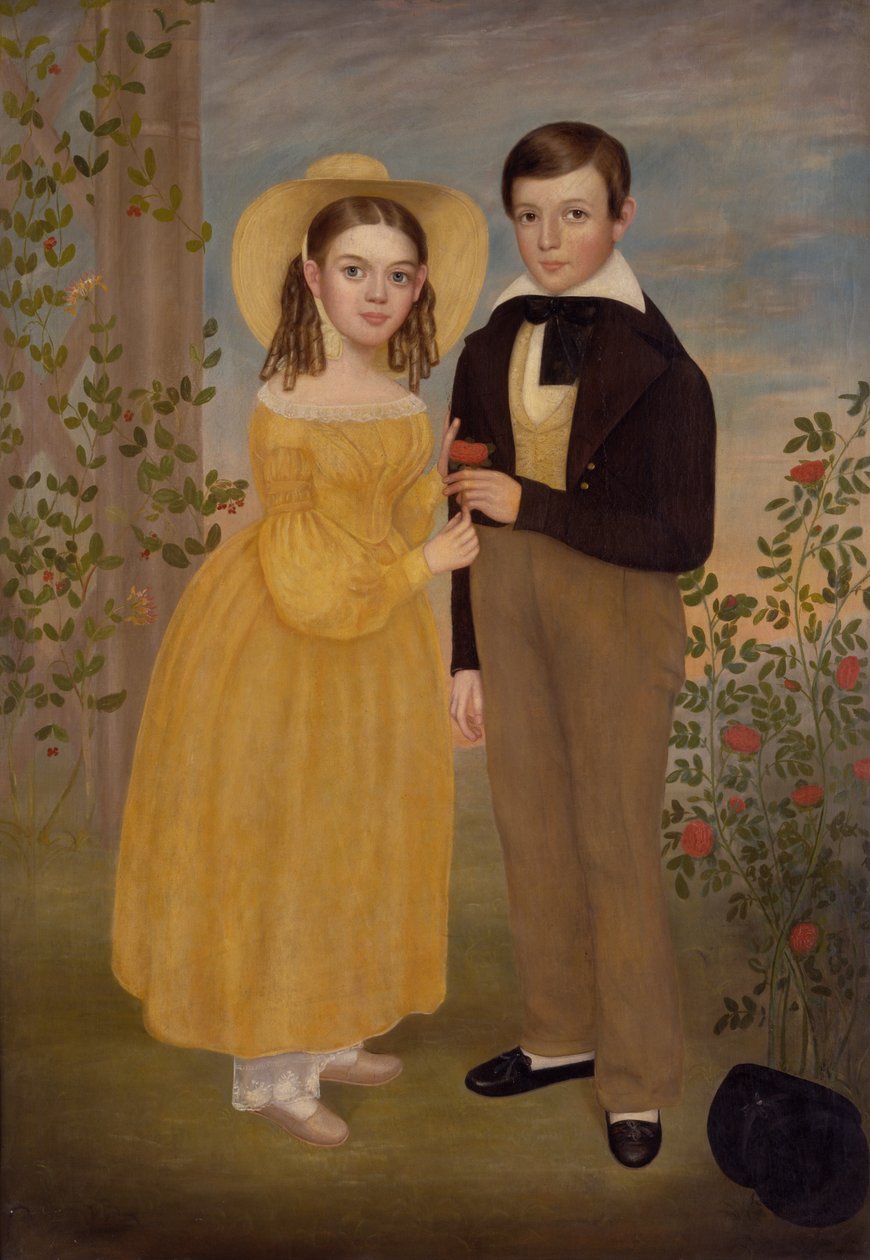 En dreng og en pige i en have (olie på lærred) af Joseph Goodhue Chandler