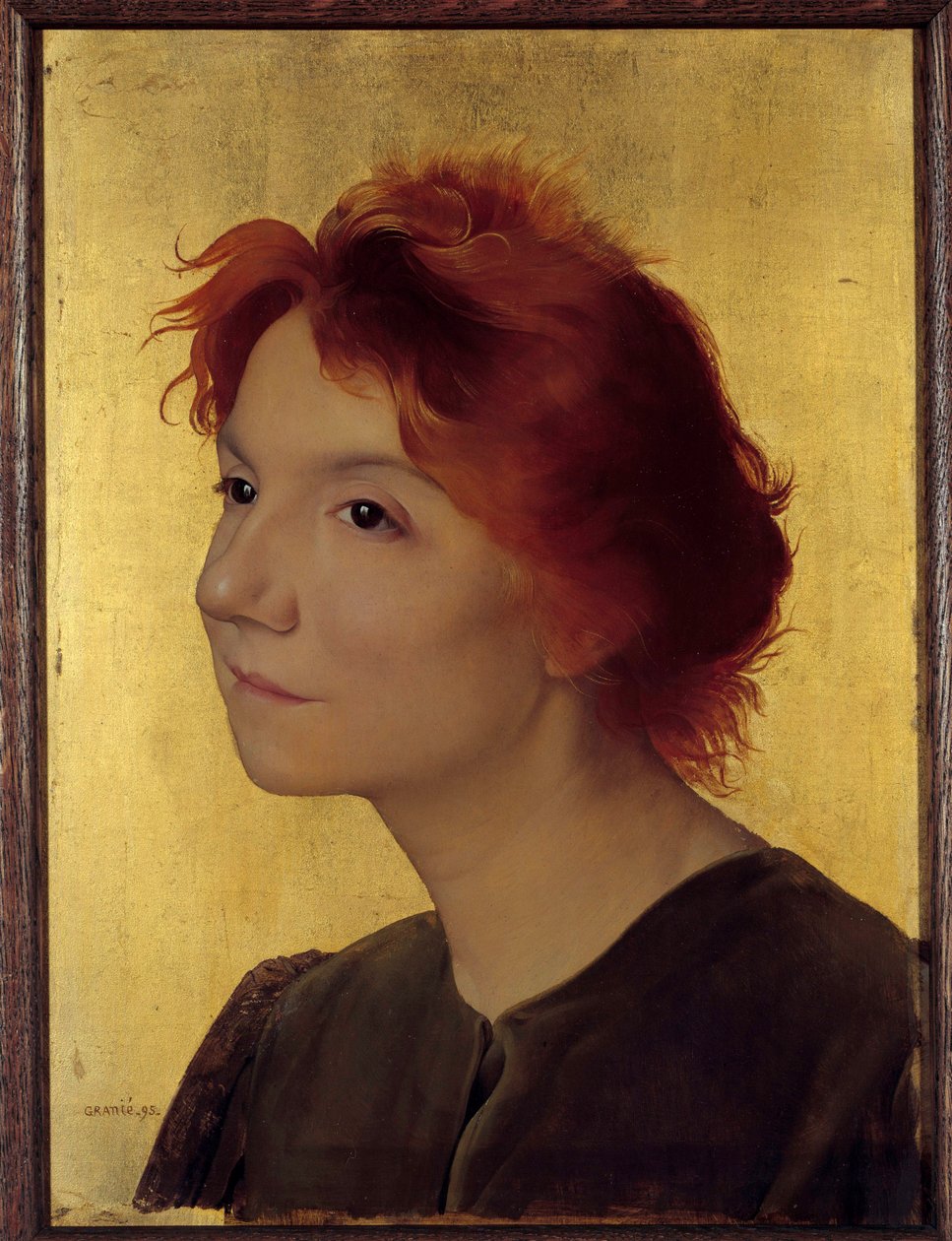 Portræt af Yvette Guilbert (1867-1944) sangerinde. Portræt af en kvinde med rødt hår på en guldbaggrund. Maleri af Joseph Granie (1861-1915) 1895 søn. 0,41x0,31 m Paris, musee d