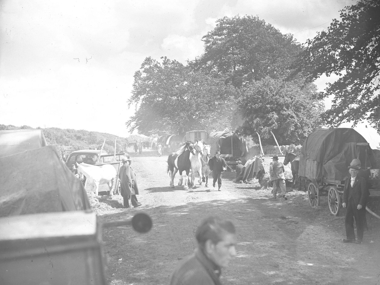 Heste ledes ned ad vejen ved Appleby med campingvogne og biler i vejkanten af Joseph Hardman