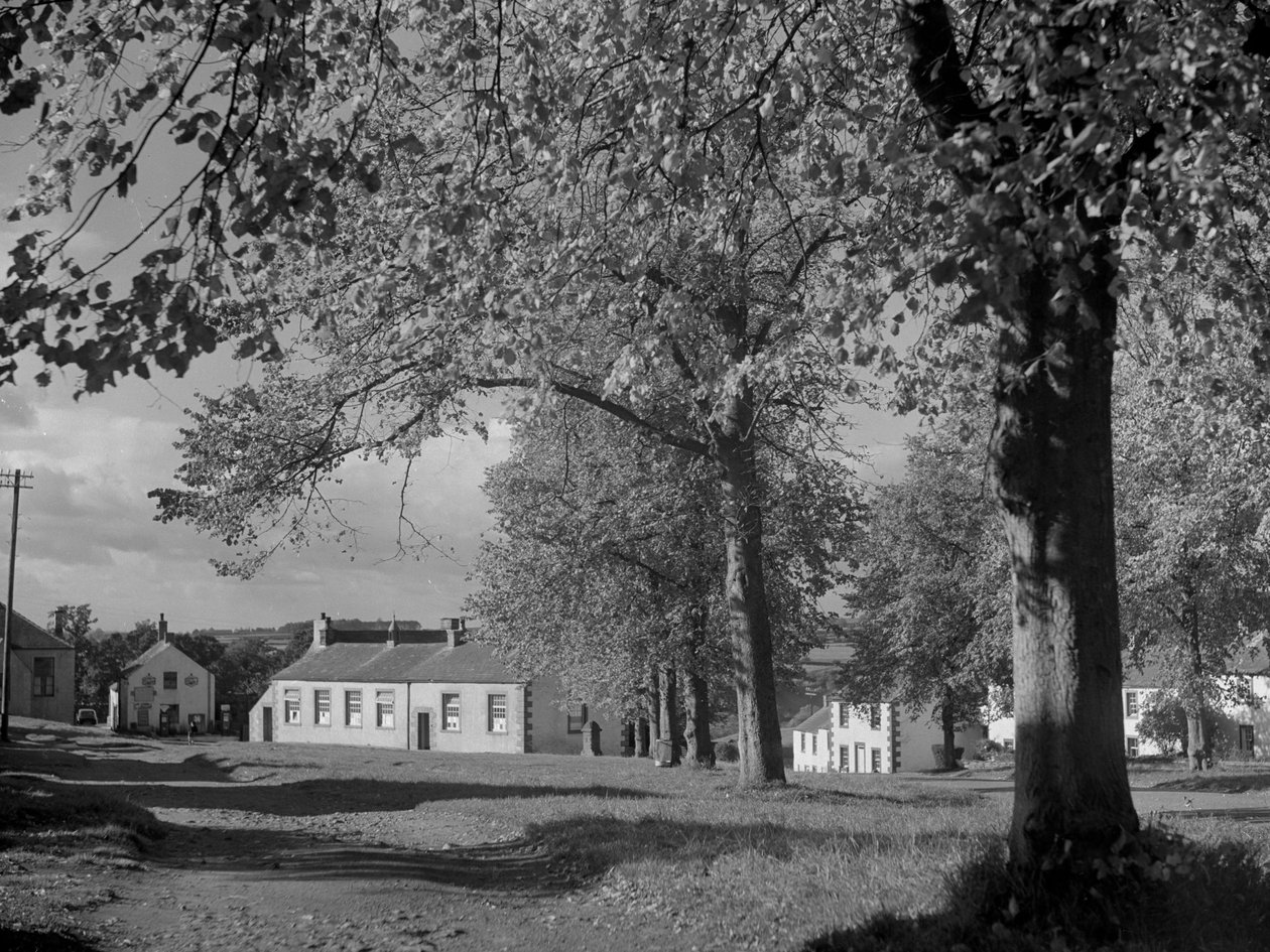 Træer med blade og udsigt til landsbyens bygninger af Joseph Hardman