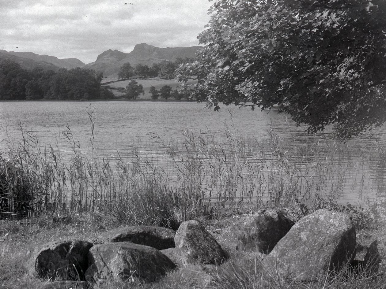 Udsigt over Loughrigg Tarn, i forgrunden er der nogle sten, der er sat i jorden af Joseph Hardman