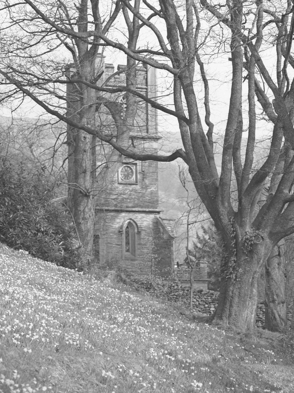 Udsigt til en kirke; arkitektur; religiøs; kirkelig; tårn gennem træer af Joseph Hardman