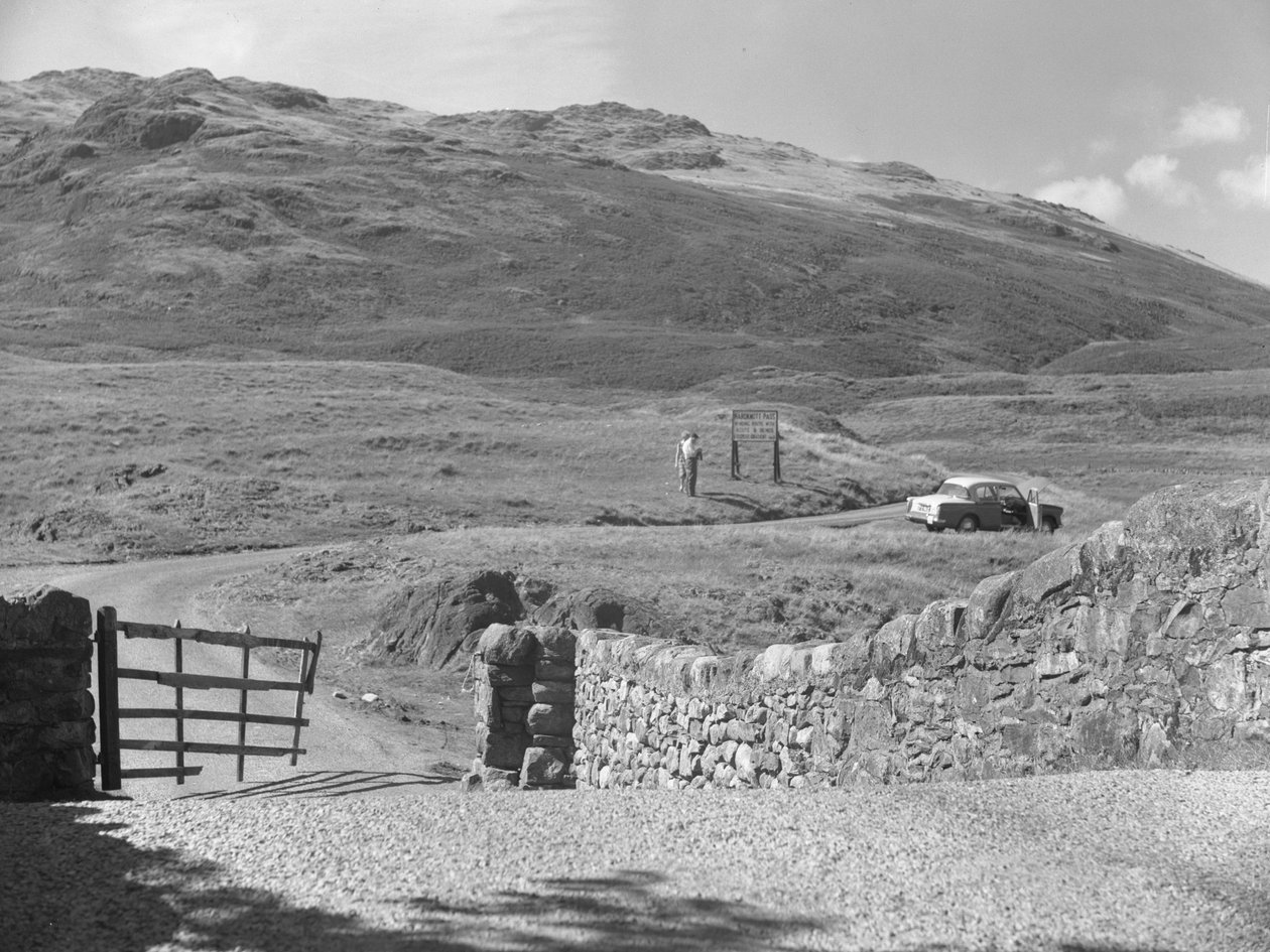 Udsigt til vejen, der går over Hard Knott Pass, to mennesker, der står ved et vejskilt, og en parkeret bil i græsrabatten af Joseph Hardman