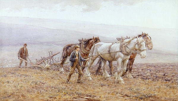 Ploughing the Downs (akvarel på papir) af Joseph Harold Swanwick