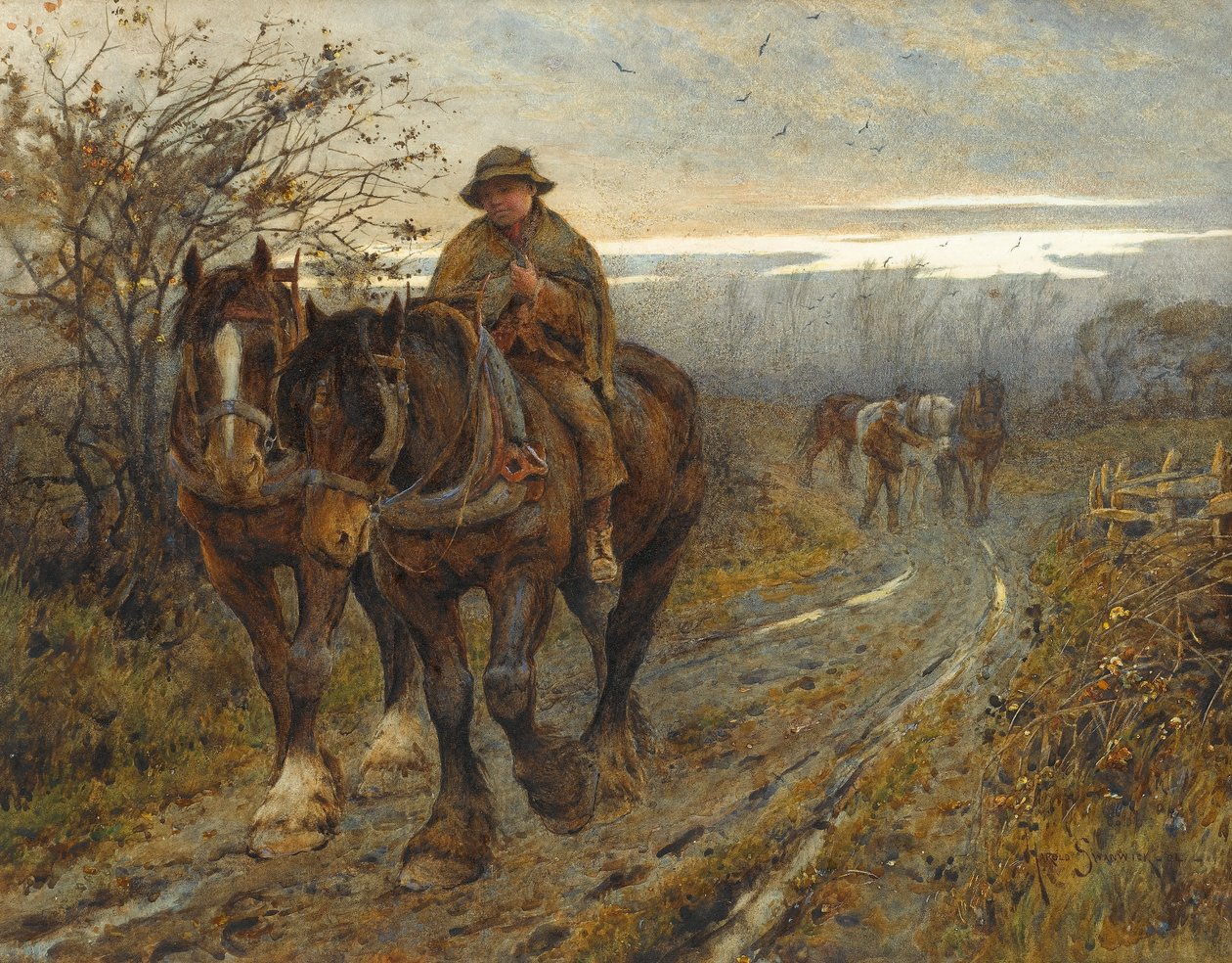 Trætte bæster vender tilbage fra ploven, 1894 (wc på papir) af Joseph Harold Swanwick