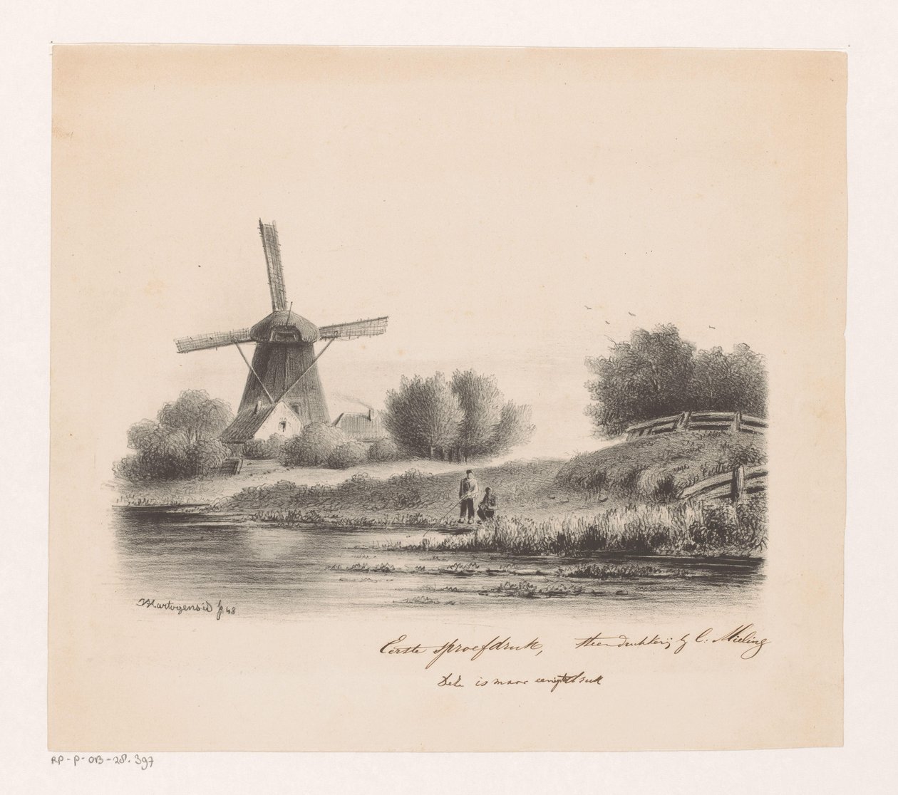 Landskab med mølle og to fiskere af Joseph Hartogensis