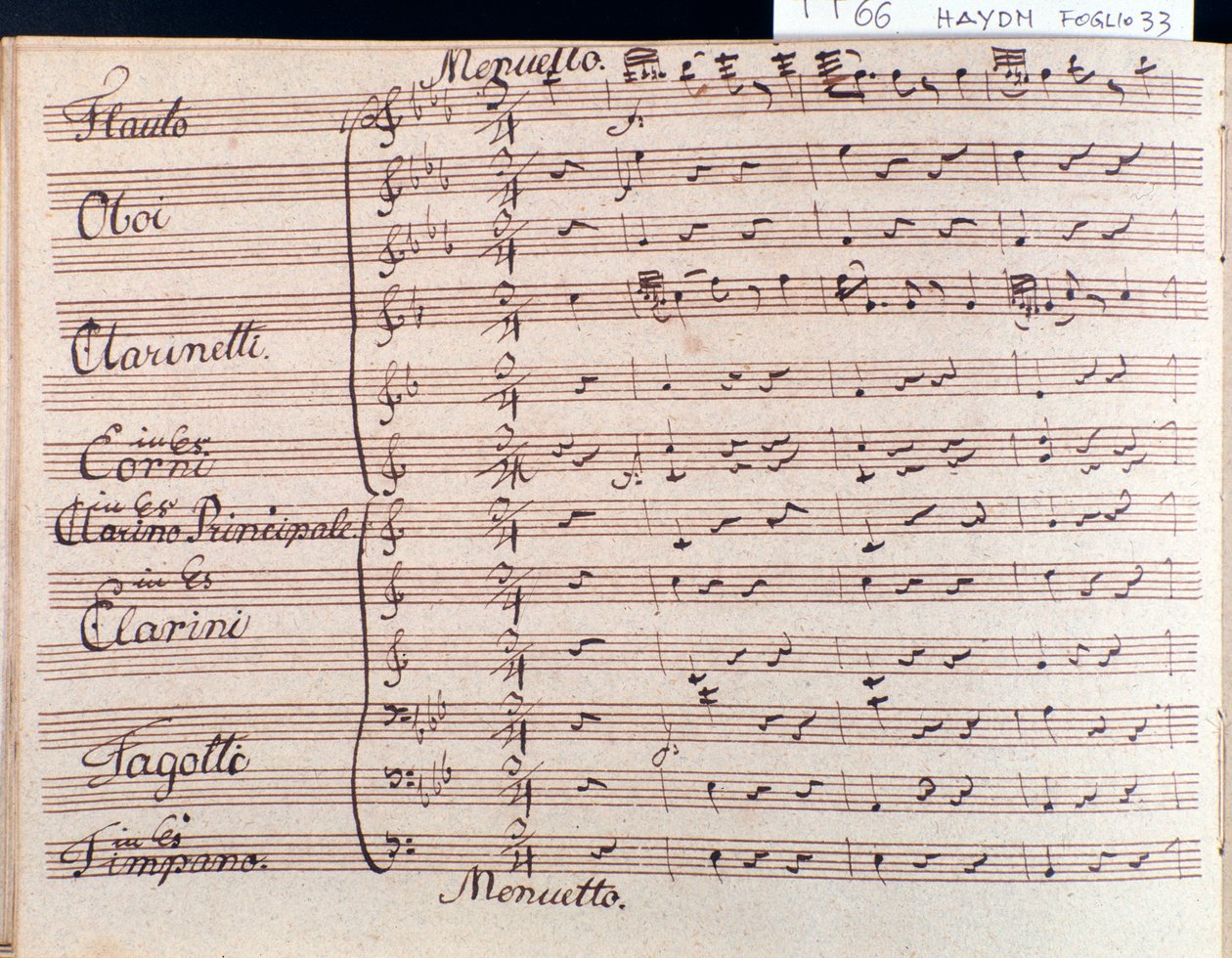 Første side af musikpartitur af menuet i Symfoni 66 i B-dur af J Haydn af Joseph Haydn