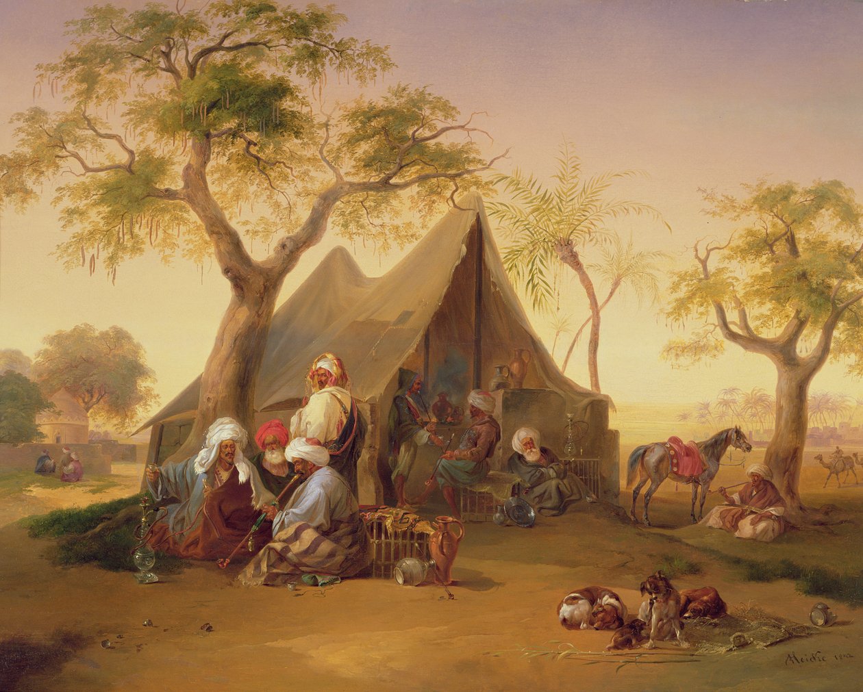 Sheiker drikker kaffe foran et telt, 1842 af Joseph Heicke