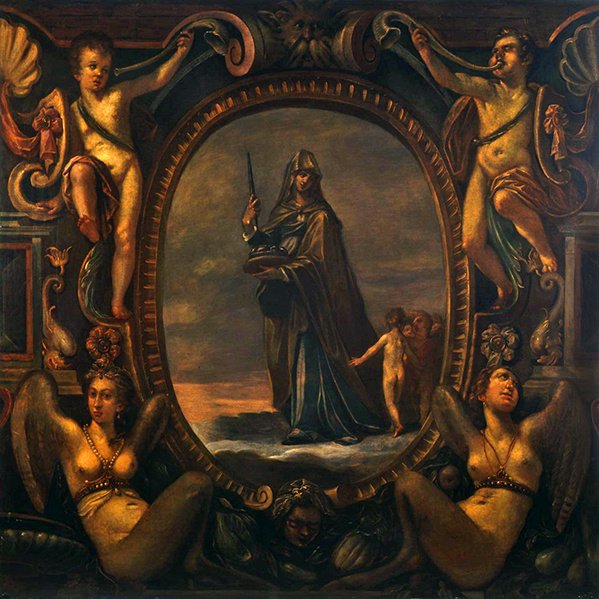 Allegorisk figur med putti i kartouche (olie på lærred) af Joseph Heintz