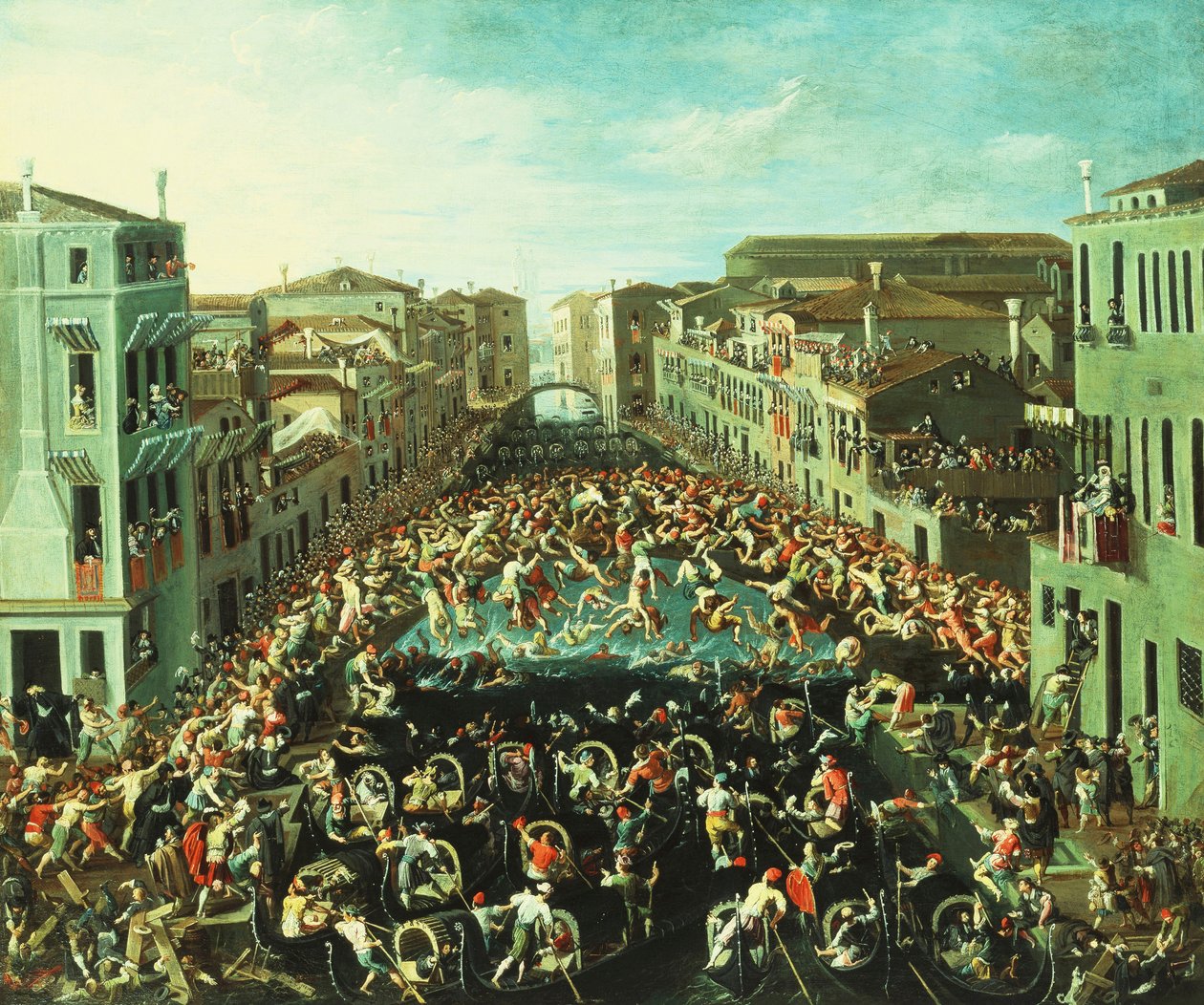 Kampen mellem Nicolotti og Castellani, på Ponte dei Pugni, Venedig, 1673 af Joseph Heintz