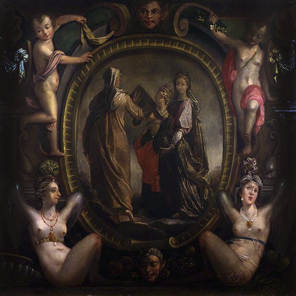 Tre allegoriske figurer i en kartouche (olie på lærred) af Joseph Heintz