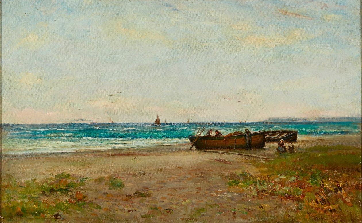 Tending the Boats, Ayrshire Coast (olie på lærred) af Joseph Henderson
