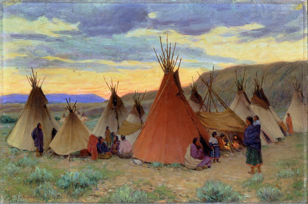 Aften i Crow-reservatet, Montana (olie på lærred) af Joseph Henry Sharp