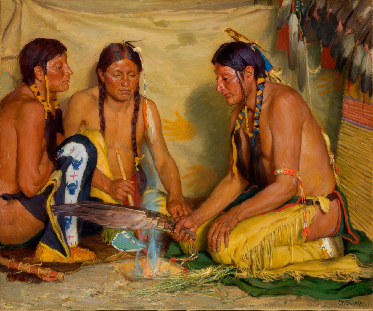 Fremstilling af sødgræs-medicin, Blackfoot-ceremoni af Joseph Henry Sharp