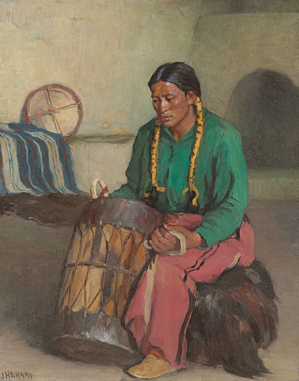 Taos Ceremonial Drum (olie på lærred) af Joseph Henry Sharp