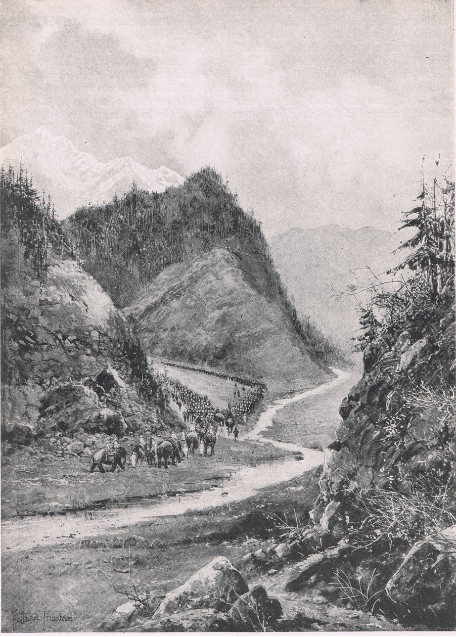 Afghanistan: Illustration fra British Battles on Land and Sea , 1915: Kabul-kolonnens march til Khandahar, august 1880 af Joseph Holland Tringham