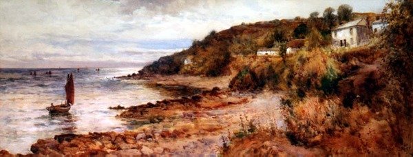 Fiskerbåde og hytter ved Cemaes Bay af Joseph Hughes Clayton