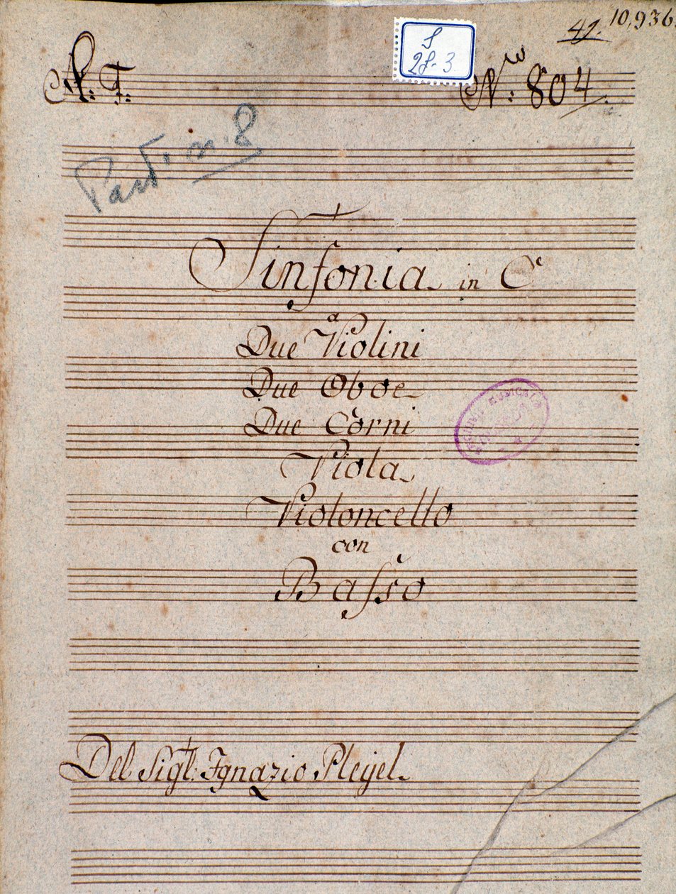 Første side af partitur af Symphony in C af Pleyel af Joseph Ignace Pleyel