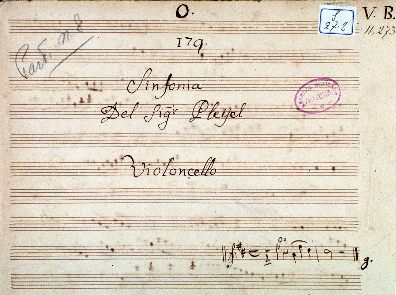 Første side med partitur af en symfoni i D-dur af Pleyel af Joseph Ignace Pleyel