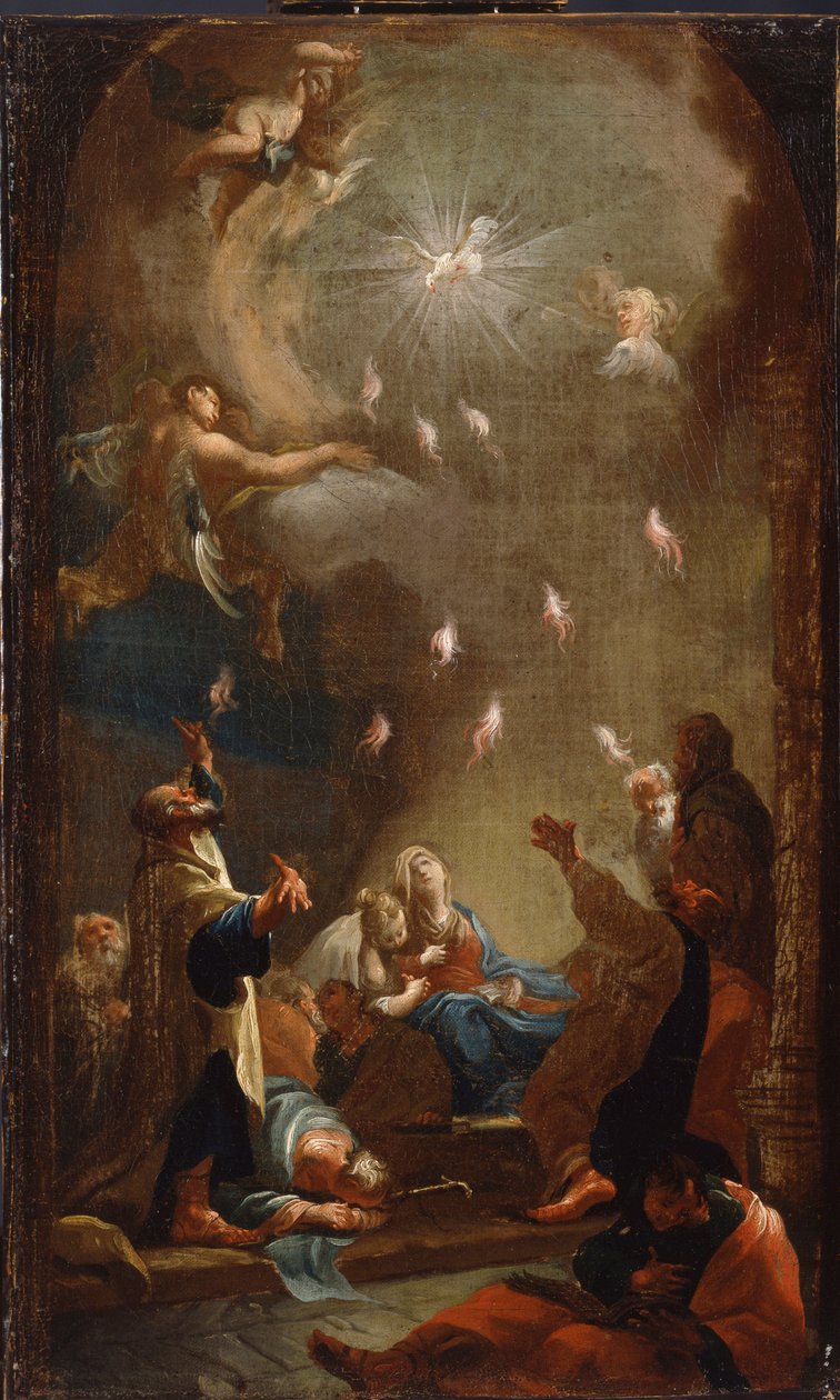 Helligåndens nedstigning (pinse), Olie på lærred af Joseph Ignaz Mildorfer (1719-1775), ca. 1750 - (Helligåndens nedstigning (pinse), Olie på lærred af J.I.Mildorfer, ca. 1750) - Magyar Nemzeti Galeria (Ungarn) af Joseph Ignaz Mildorfer