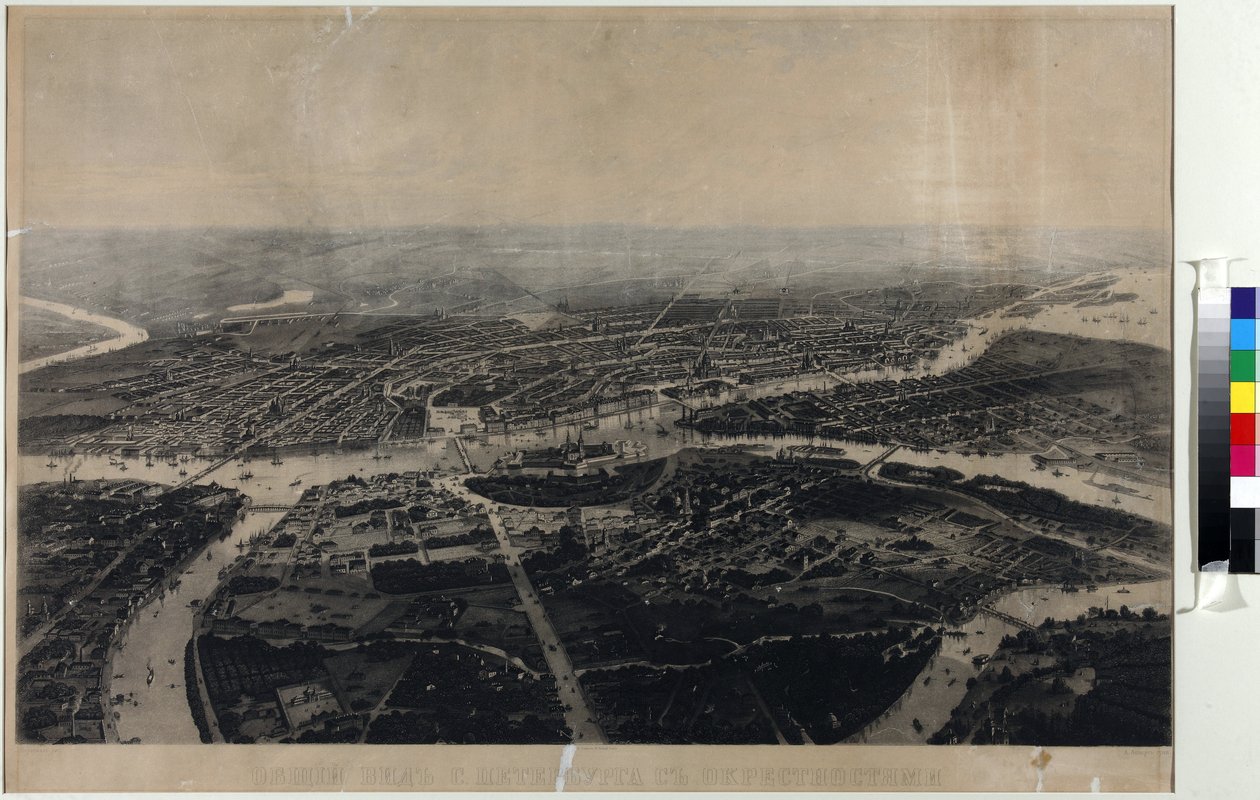 Panorama af Sankt Petersborg og det omkringliggende område fra fugleperspektiv - Iosif Iosifovich Charlemagne (1824-1870). Akvatinte, anden halvdel af det 19. århundrede. Statsmuseet for Sankt Petersborgs historie af Joseph Jossifovich Charlemagne
