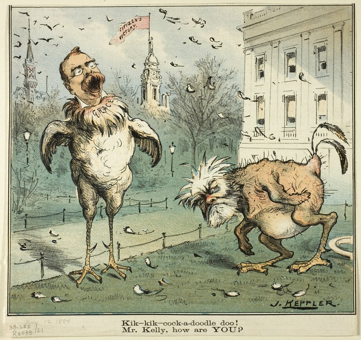 Kik-kik-cock-a-doodle doo! Mr. Kelly, hvordan har DU det, fra Puck af Joseph Keppler